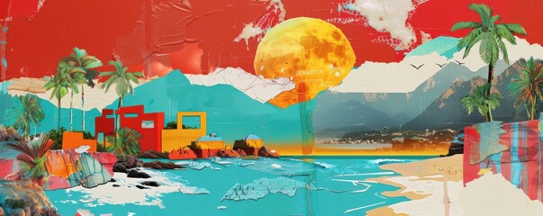 Wall Mural - A woman is standing on the beach looking out at the ocean. The sky is orange and the sun is setting. Free copy space for text.