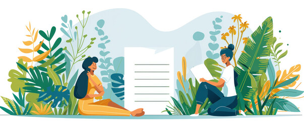 Poster - Two women sitting in a lush green forest, one reading a piece of paper. Scene is peaceful and serene, with the women enjoying the natural surroundings