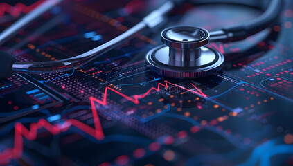 High-tech stethoscope on a digital medical chart displaying health data and heart rate analysis, symbolizing modern healthcare technology.