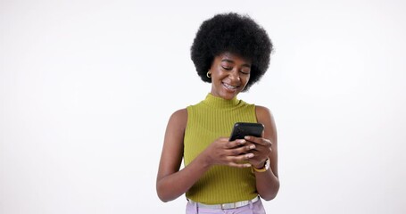 Canvas Print - Phone, happy and black woman in studio networking online for communication or notification. Gen z, smile and African female influencer scroll on internet for trends with cellphone by white background