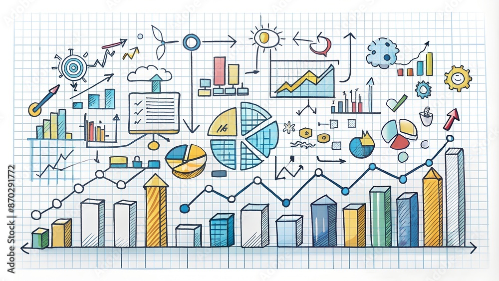 Hand-drawn doodles of business and analysis concepts on a white ...