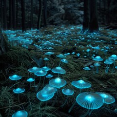 Poster - A field of blue mushrooms glowing in the dark