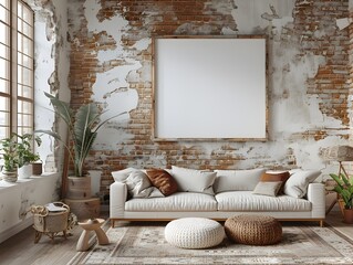 Poster - Mockup of a White Background Frame Placed in a Bright and Airy Loft Style Living Area with an Open Concept Layout Natural Wood Textures and Warm Tones