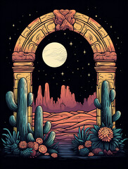 Wall Mural -  A stylized vector illustration of an archway with cacti and desert landscape in the background