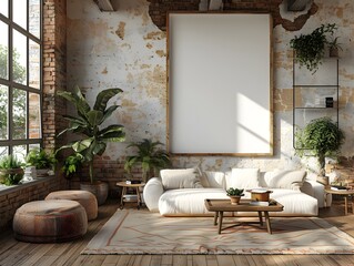 Poster - Mockup of a white background frame inside a bright and airy loft style living area with an open concept layout natural textures and warm wood tones soft diffused lighting