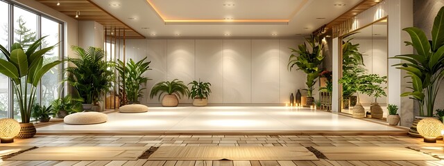 Poster - A modern and minimalist 3D rendered home dance studio featuring a white background frame clean lines natural materials and dramatic lighting with mirrored walls