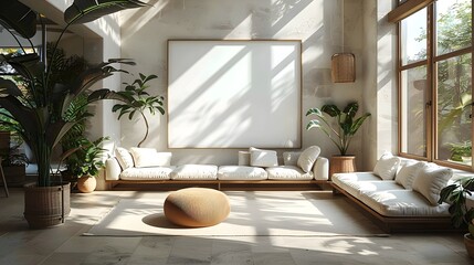 Poster - Stunning showcasing a mockup of a sleek white background frame set within a beautiful modern and minimalist house interior design  The scene features natural lighting soft shadows and clean lines
