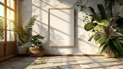 Poster - Elegant and Minimalist Interior with a White Background Frame in a Modern Home Setting Featuring Natural Lighting Soft Shadows and Clean Lines for a Calm and Serene Atmosphere