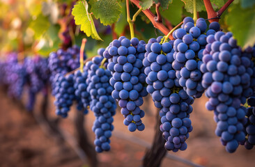 Wall Mural - Close-up of purple grapes hanging on vines in a vineyard