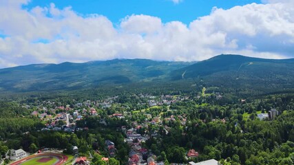 Canvas Print - Aerial view of a village in the mountains forest of Germany on a sunny day