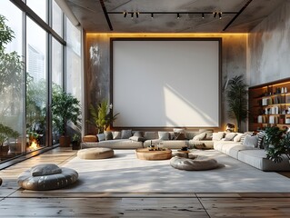 Poster - Elegant minimalist white backdrop framed in a bright modern apartment setting with floor to ceiling windows clean lines and a monochromatic color scheme