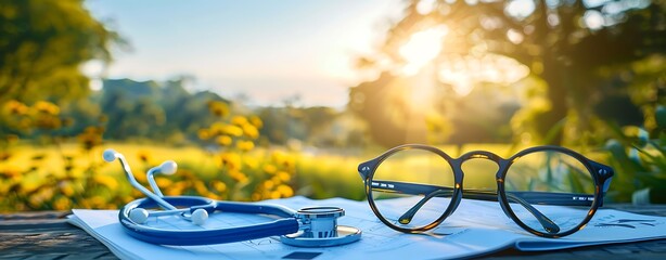 World Sight Day: A serene landscape with eyeglasses, an eye chart, and a stethoscope on a table. Clear skies and bright, inviting colors. copy space for text, sharp focus and clear light, high