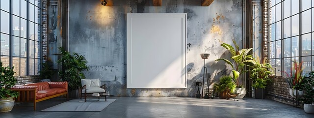 Poster - Elegant White Frame Hanging in Minimalist Industrial Loft with Dramatic Lighting