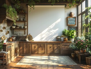 Poster - Charming French Country Style 3D Rendered Kitchen with Warm Wood Tones and Soft Natural Lighting