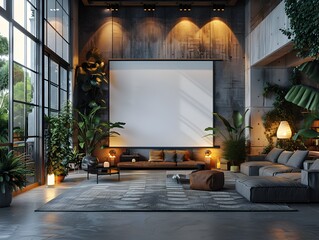 Poster - Minimalist White Screen in Modern Urban Loft with Industrial Decor and Dramatic Lighting