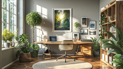 Poster - Bright and Airy Scandinavian Inspired Home Office with Hanging White Frame