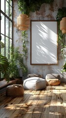 Poster - Minimalist 3D Rendered Mockup of White Background Frame in Sunlit Scandinavian Living Room