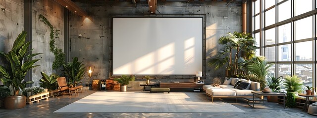 Poster - A Minimalist 3D Rendered White Background Frame in a Modern High Ceilinged Home Office Interior