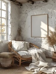 Poster - Mockup of a Coastal Bedroom with Airy White Frame and Textured Natural Accents