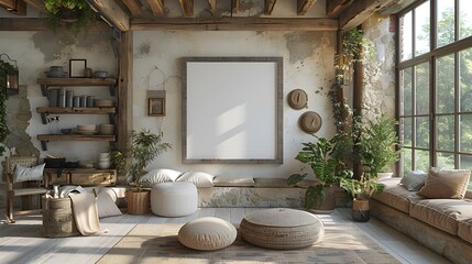Poster - A 3D Rendered Mockup of a White Background Frame in a Rustic Farmhouse Kitchen with Weathered Wood