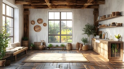 Poster - Rustic Farmhouse Kitchen Mockup with Weathered Wood Beams and Vintage Accessories