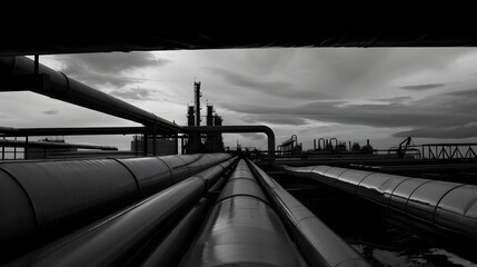 Poster - Industrial Landscape with Oil Refinery Silhouetted Against Cityscape