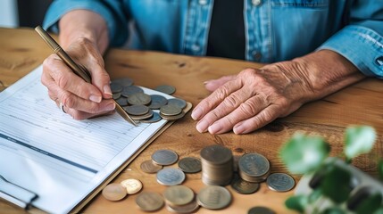 financial professional analyzing business documents and coins on wooden desk