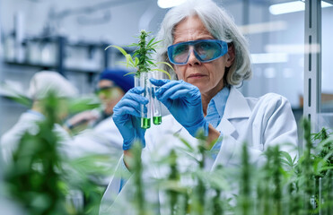 Wall Mural - A middle-aged female scientist in a white coat and blue gloves is holding test tubes with green liquid, looking at the color of droplets on her hands.