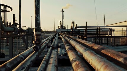 Poster - Sprawling Industrial Refinery Complex with Pipelines and Storage Tanks in Urban Landscape