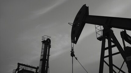 Poster - Monochrome Oil Pump Rig Silhouetted Against the Sky