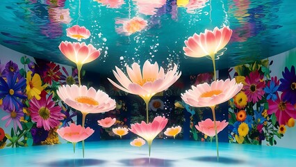 Levitating beautiful flowers under water on bright background colorful flower background