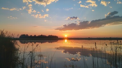 Canvas Print - The tranquil beauty of a sunset over a calm lake, the sky and water mirroring each other in a symphony of colors, offers a moment of reflection.