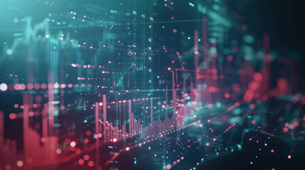 Poster - abstract digital financial data screen with charts and graphs in blue and red hues