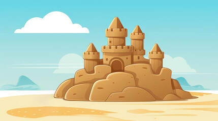 Wall Mural - Vibrant sandcastle design with speech bubble for childrens summer camp ads or beach game announcements.