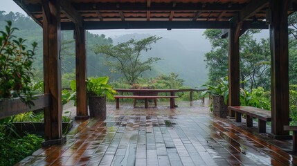 Wall Mural - The tranquility of a rainy evening, the sound of droplets on the roof and the smell of wet earth, provides the perfect setting for quiet contemplation.