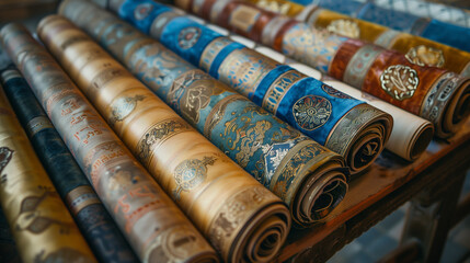 Wall Mural - 
Close-up of illuminated Torah scrolls