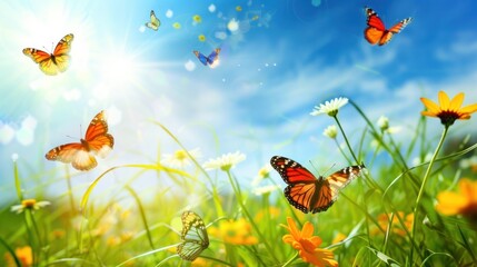 Poster - Butterflies flying over grass and flowers nature abstract background