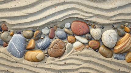 Wall Mural - Ocean stones on sandy beach with natural wave patterns