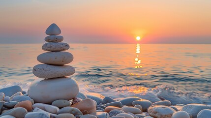 Wall Mural - Peaceful beach scene with rock pyramid balanced on sea pebbles at sunset