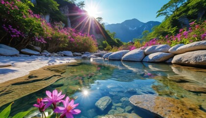 Wall Mural - Tranquil Mountain River with Sunbeams and Flowers.