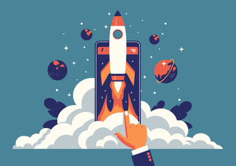 Poster - Businessman Launching Startup Rocket from Smartphone: Entrepreneur Presses Start Button in Innovative Business Vector Illustration