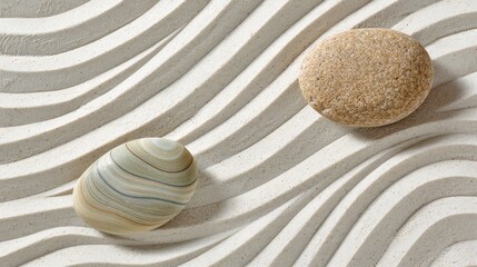 Wall Mural - Smooth sea stones on textured sand with parallel wave lines