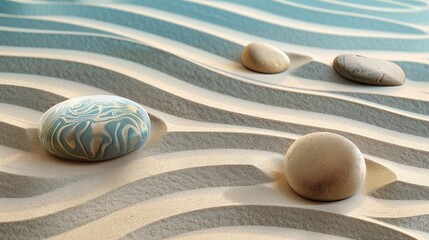 Wall Mural - Smooth sea stones on textured sand with parallel wave lines