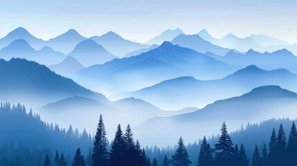 Naklejka na meble  a misty dawn in a mountain range with silhouetted trees in the foreground