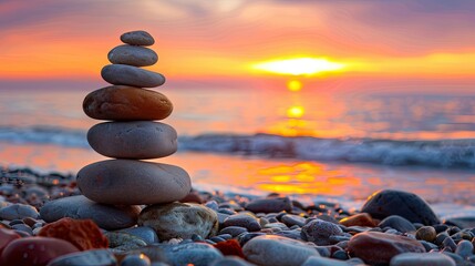 Wall Mural - Sunset glow over carefully stacked rock pyramid on tranquil beach