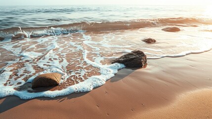 Wall Mural - Tranquil beach scene with rocks on sand and wave lines