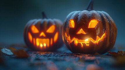 Wall Mural - Two carved pumpkins, lit from within, sit on the ground surrounded by fallen leaves on a dark, foggy Halloween night