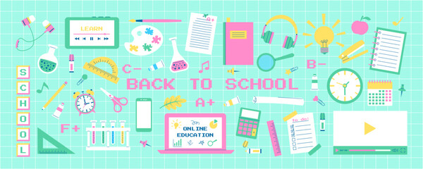 Poster - Set of school supplies. Back to school. Online education. School themed stickers in flat style. Vector illustration