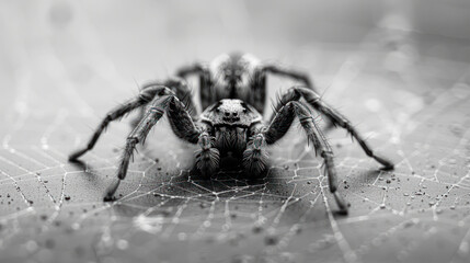 Close-up black and white photo of a spider on its web. Spider in focus with hairy legs and intricate eyes visible, minimalist aesthetic with blurry background
