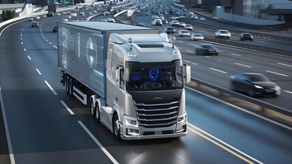 An aerial image of a self-driving vehicle on a highway, assessing its surroundings with traffic sensors.